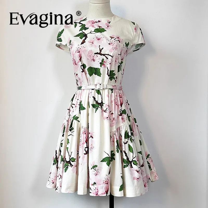 

Evagina Fashion Design New Women's Cotton Round Neck Sweet Cherry Blossom Printed Belt Slimming Ruffle Edge Mini Dress
