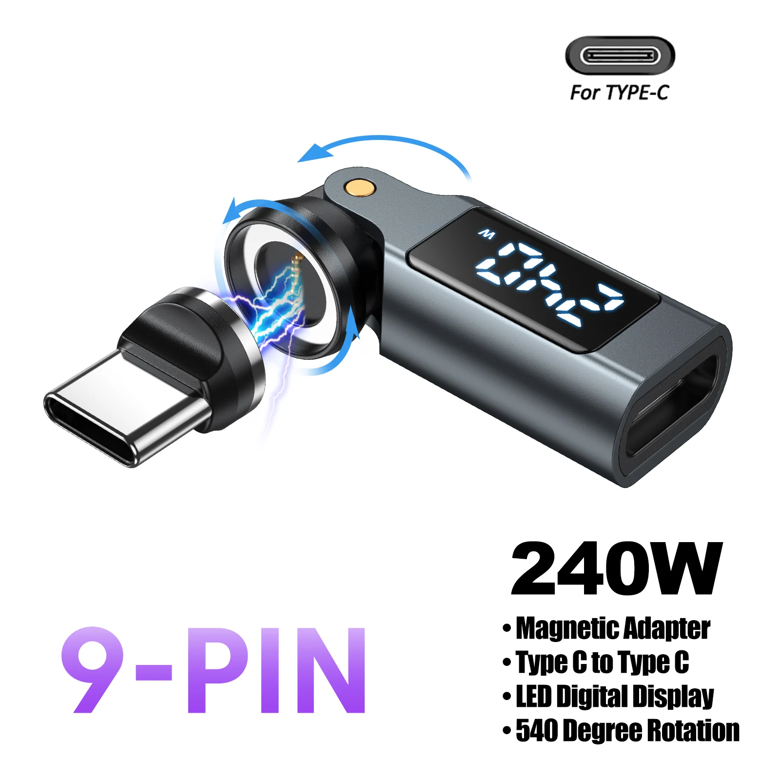 AUFU 9-Pin Digital-Display Magnetischer OTG-Adapter für iPhone 17, MacBook, Laptop, Xiaomi PD240W 5A USB-C auf Typ-C Micro-Stecker-Konverter