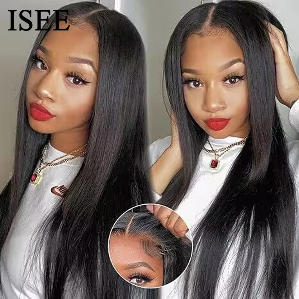 ISEE Hair 6x4 HD Pre Bleached Knots Straight Lace Front Wigs Transparent Closure Wig Glueless Pre Plucked Human Wig Ready To Go