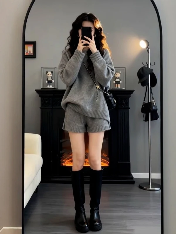 

Korean Style Lazy Grey Long Sleeve Hoodie High Waist Short Pants Women's Autumn Fashion Set Complete Matching Two Piece Suit