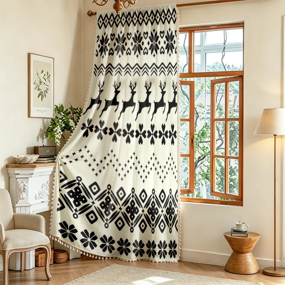 1PC Christmas Winter Tassel Sheer Curtains, Fair Isle Reindeer, Digital Print, Linen Polyester, Bedroom Living Room, Home Decor