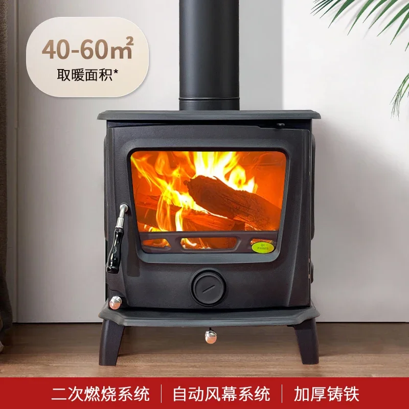 Real fire fireplace, firewood burning, rural cast iron firewood heating stove, villa indoor household fireplace, real fire