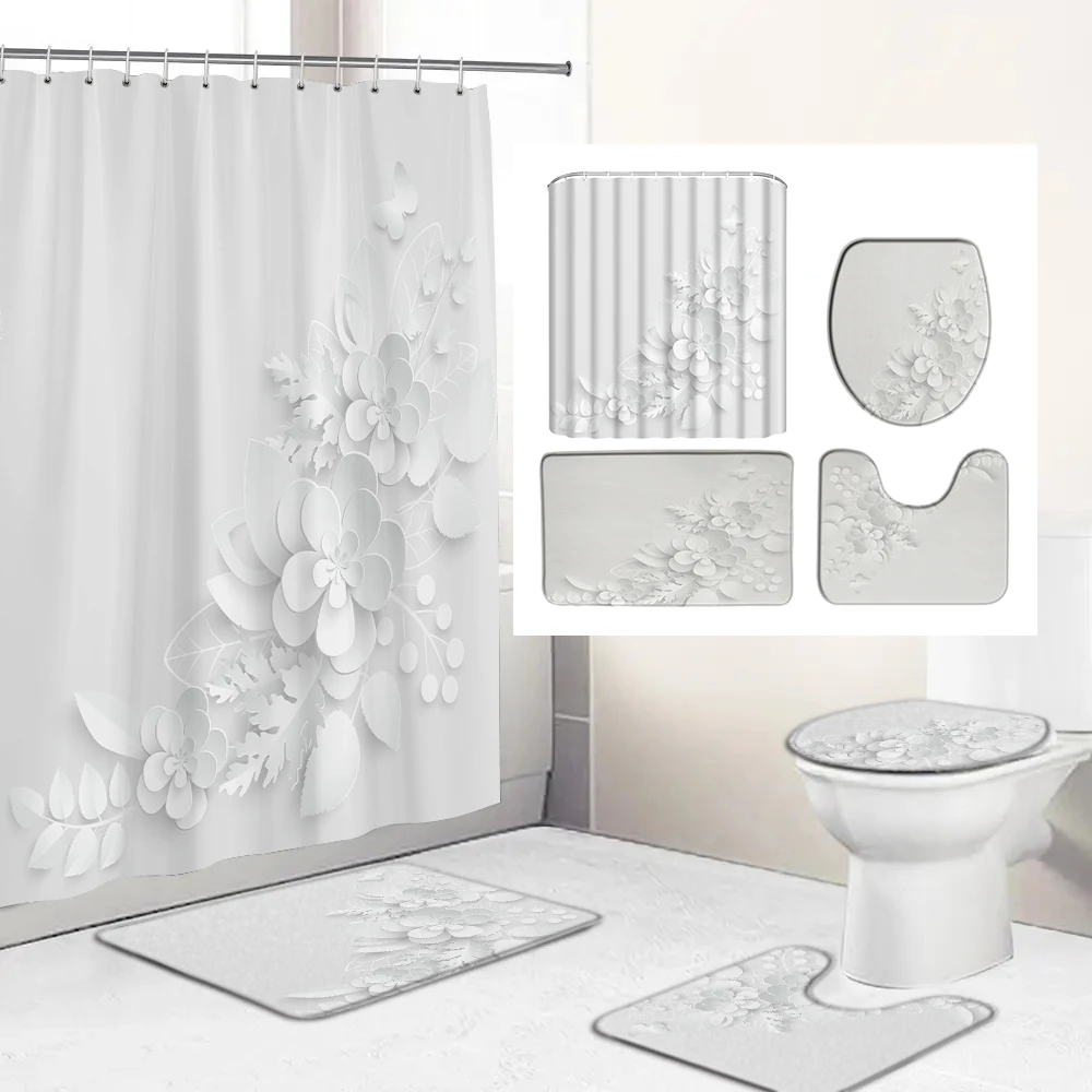 Elegant Bouquet of Fantastic White Flowers 3D Style Shower Curtain Bathroom Curtain with Bath Rug Carpet Set Floral Home Decor