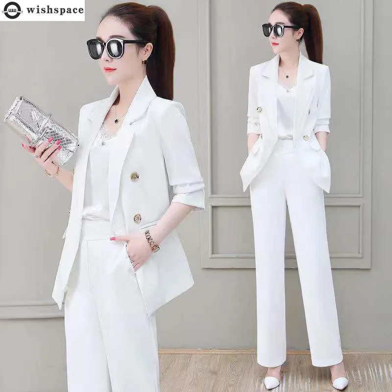 2022 Summer New Elegant Women\'s Pants Suit Casual Jacket Trousers Two-piece Set Office Career Tracksuit Female Blazer