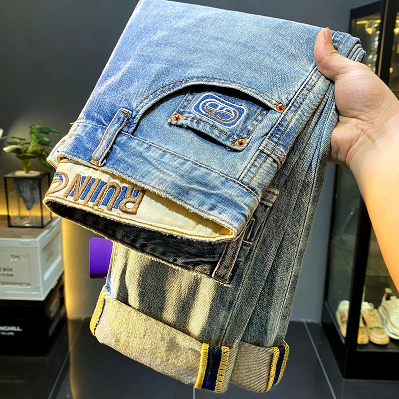 New Men'S Jeans Trendy Brand Summer Thin Fashion Versatile Slim Fit Straight Leg Personalized Micro Chapter Casual Elastic Denim
