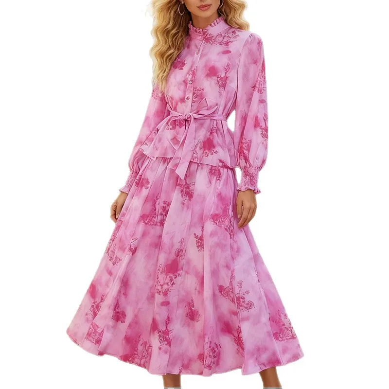 

Европейский и американский осенний комплект из топа и юбки с длинными рукавами и принтом, женская одежда из двух предметов в отпускном стиле