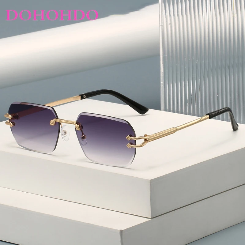

Luxury Trendy Metal Rimless Square Sunglass Women Man Fashion Designer Shades Outdoor Traveling Driving Eyeglasses Unisex UV400
