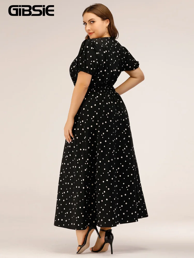 GIBSIE Square Neck Polka Dot Puff Sleeve Kleid Frauen Schwarz Elegante Hohe Taille Kleider 2022 Plus Größe A-linie Sommer Lange kleid