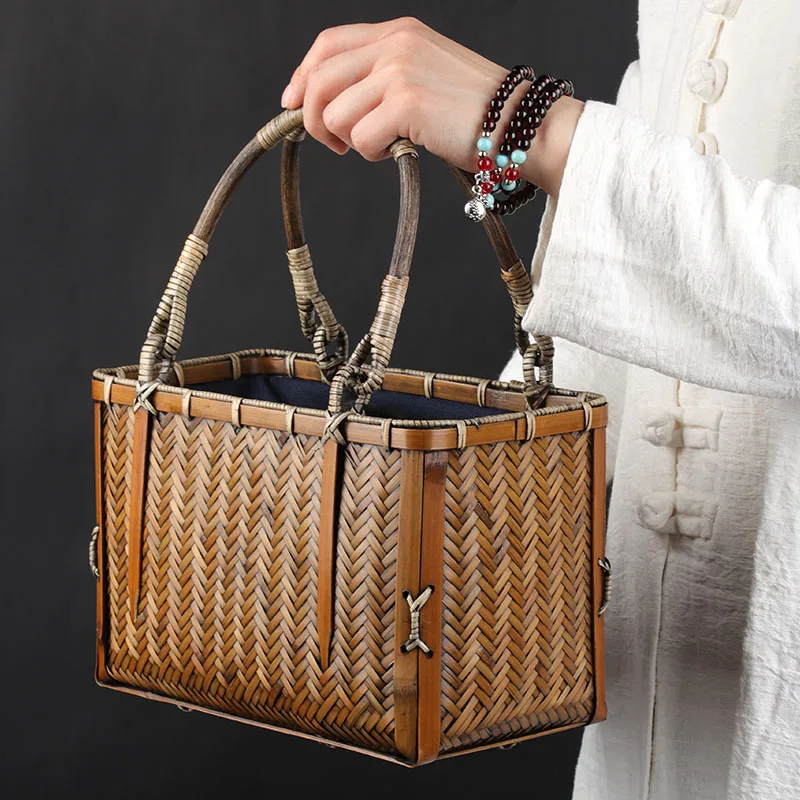 Hand Woven Bamboo Bag Summer Bead Handbag Women\'s Knitting Fashion Retro Mini Women\'s Handbags Creative Tea Set Storage Bags