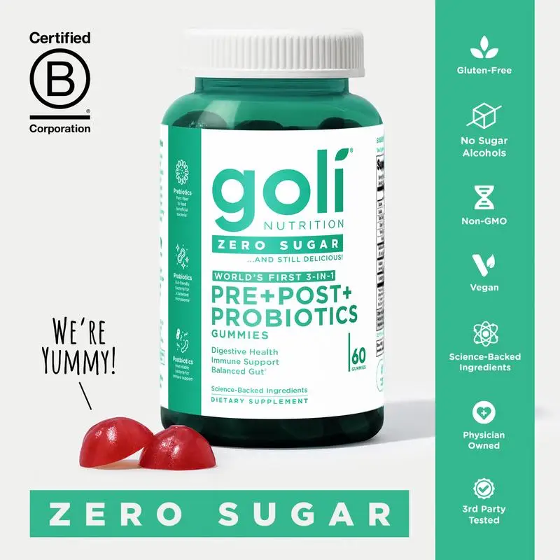 JP Zero Sugar Pre، Post، Probiotic Gummies. العالم الأول 3 في 1 خالي من الغلوتين، نباتي، غير وراثيًا، وخالي من الجيلاتين.