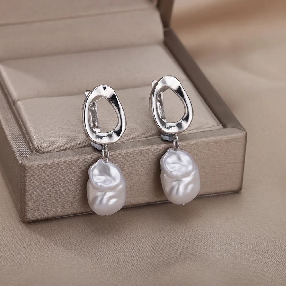 Baroque Pearl Earrings For Women Stainless Steel Zircon Water Droplet Steel Ring Drop Earring Wedding Party Jewelry Bijoux Femme