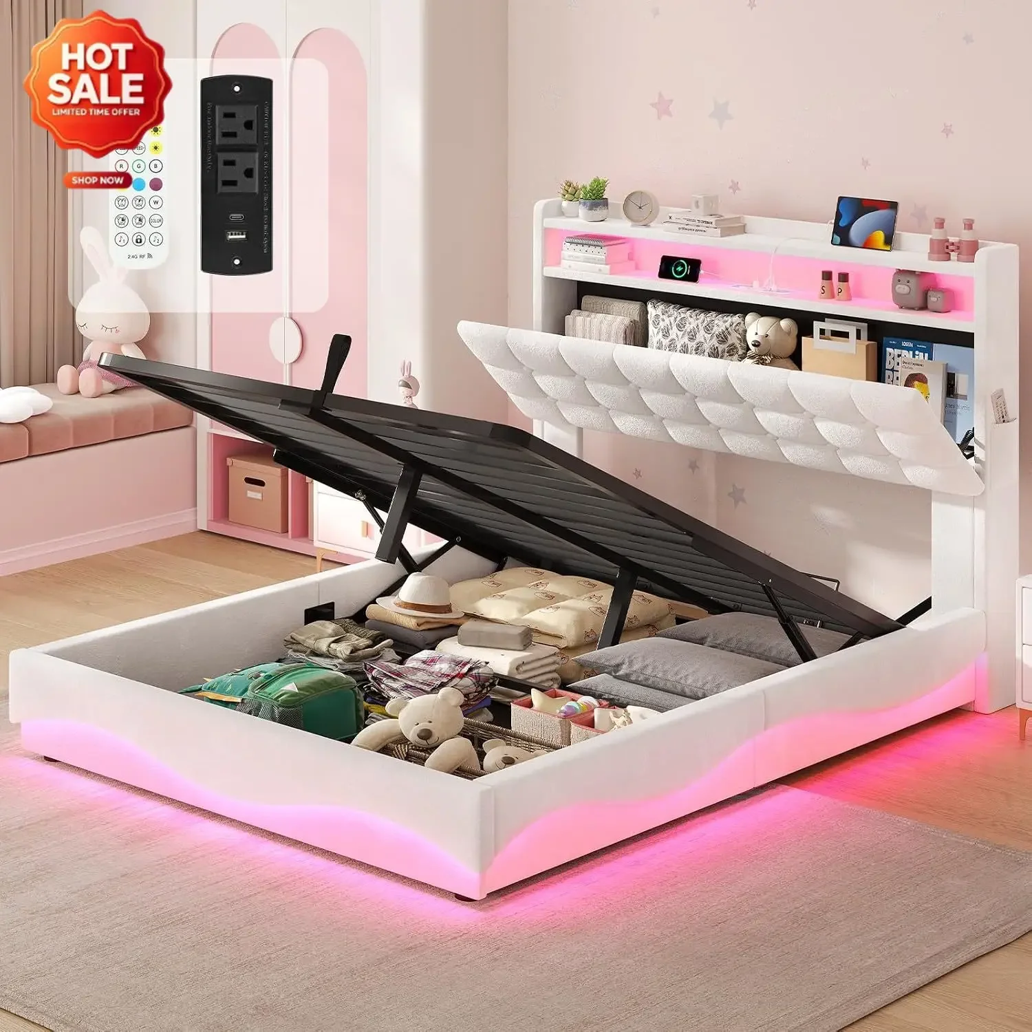 Lift Up Twin Bed Frame with Storage Headboard, Creamy White | LED Lights, Charging Station, Hidden Cubby, Velvet Upholstered Pri