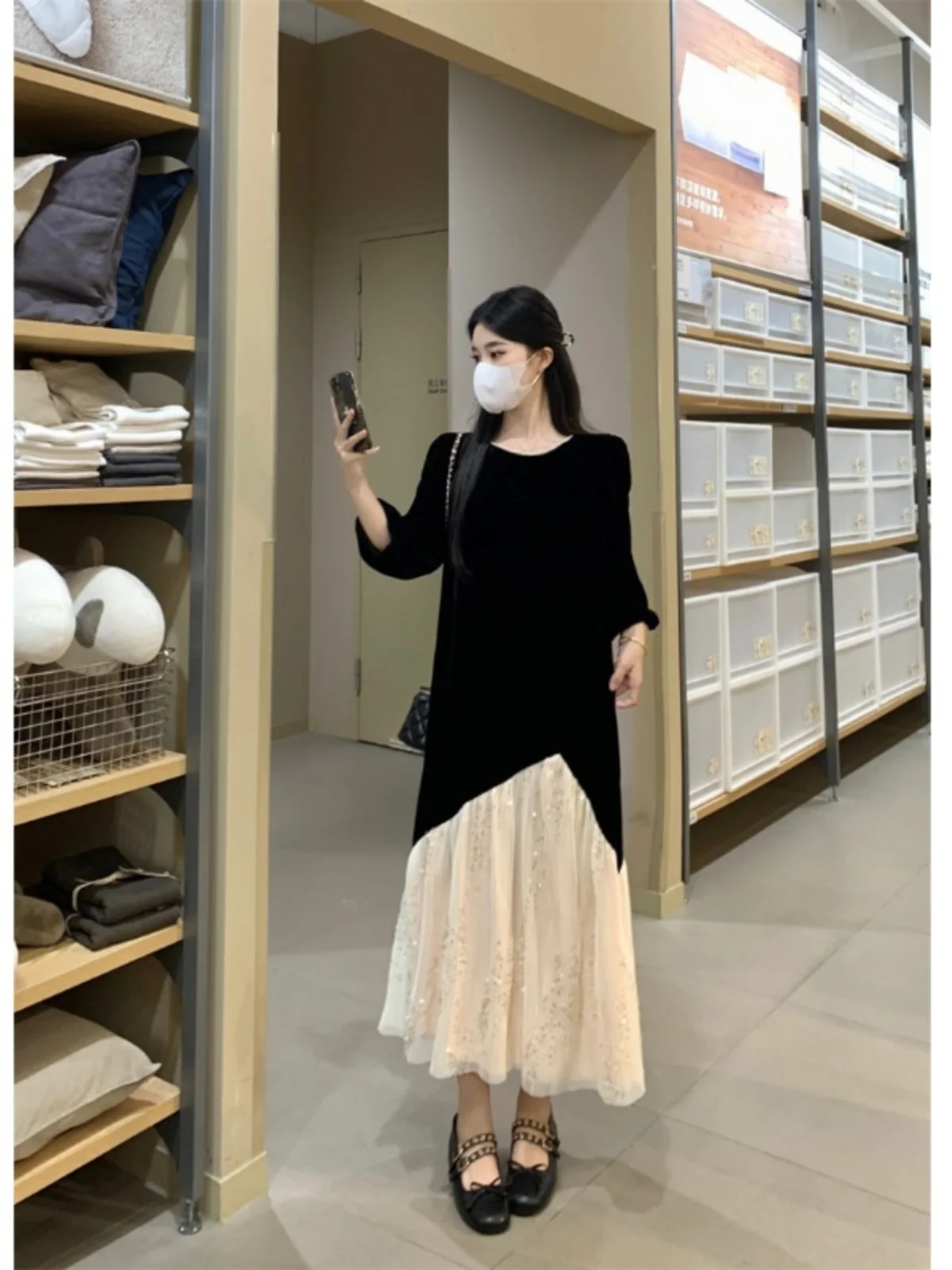 plus Size Hepburn Sle Velvet Dr Women's New 2025 Autumn Ele Little Bla Dr Fat MM Belly Cover Slimming Skirt