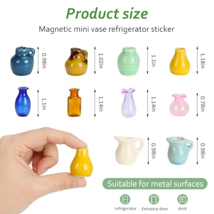 10 Pack Mini Vase Magnets for Fridge Ceramic and Glass Tiny Vase Fridge Magnets with Upgraded Slam-Proof Magnets Bulk Gifts and