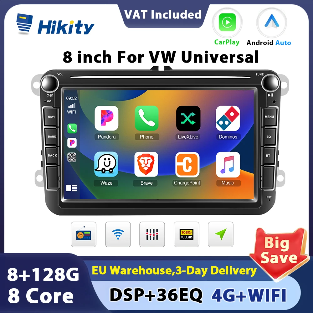 Hikity Wireless CarPlay Android Auto Android 2 din Car Radio For VW PASSAT POLO Skoda Seat Radio AI Voice GPS Navigation audio