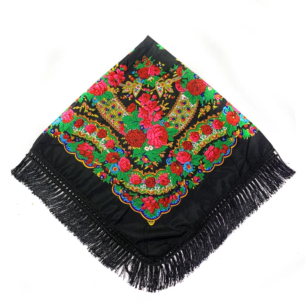 120*120cm New Design Russian Square Scarf Luxury Women Floral Print Ukrainian Fringed Handkerchief Shawls Babushka Head Wraps