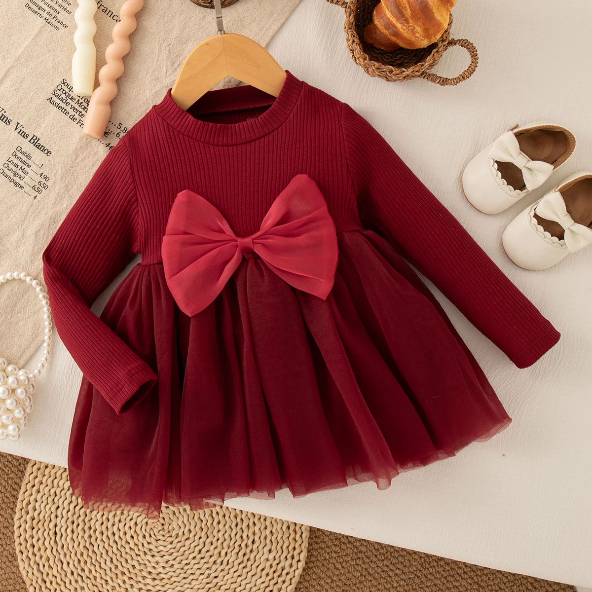 

Весенне-осеннее платье принцессы для маленьких девочек, вязаное платье с бантом и длинными рукавами из красной пряжи, костюм для дня рождения для девочек