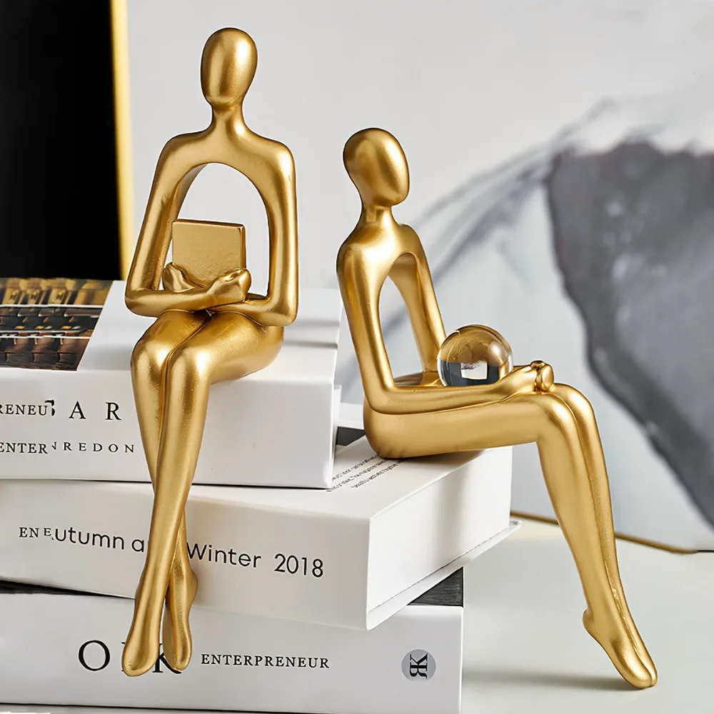 Resin Human Body Art Ornament Golden Finish Abstract Design Figure Statue Thinking Reading Man Desktop Ornament Office Supplies