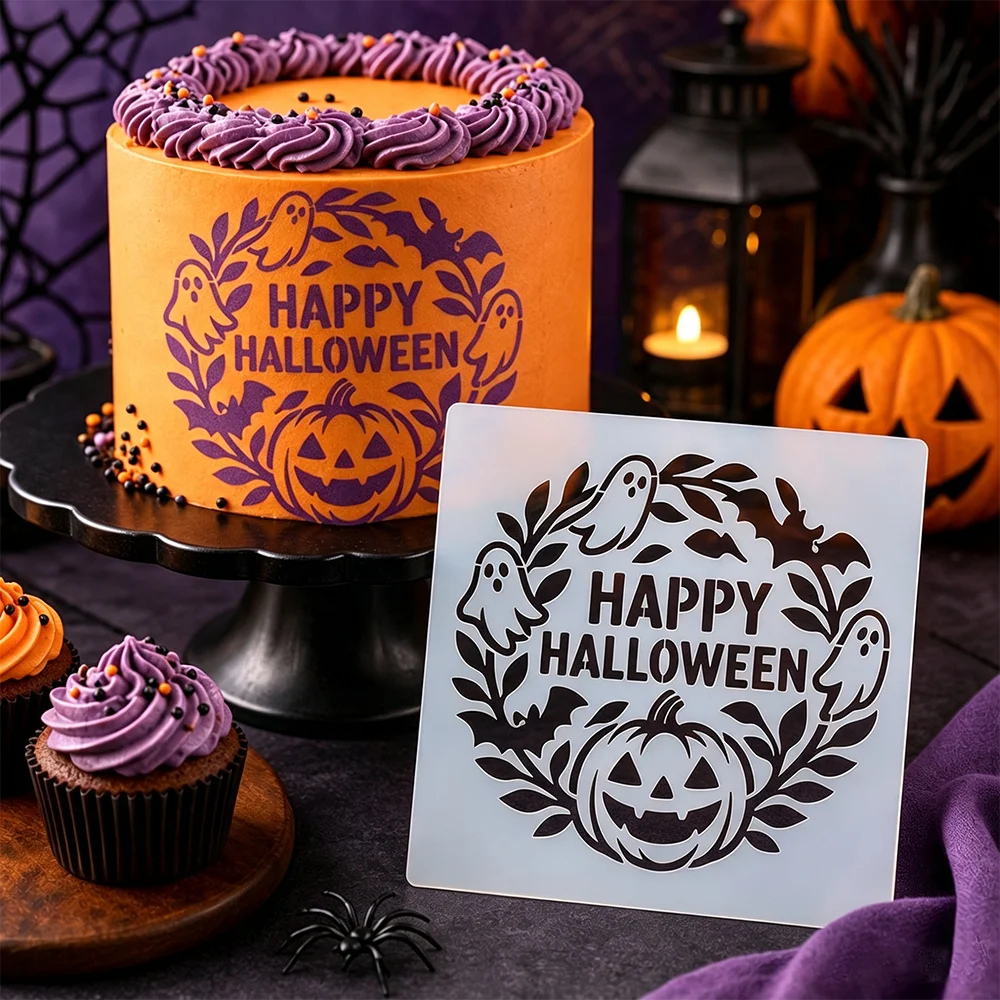 Halloween Hollow Cake Decor Stencils Reusable PET Pumpkin Ghost Bat Pattern for Cookies Fondant Holiday Dessert Decoration