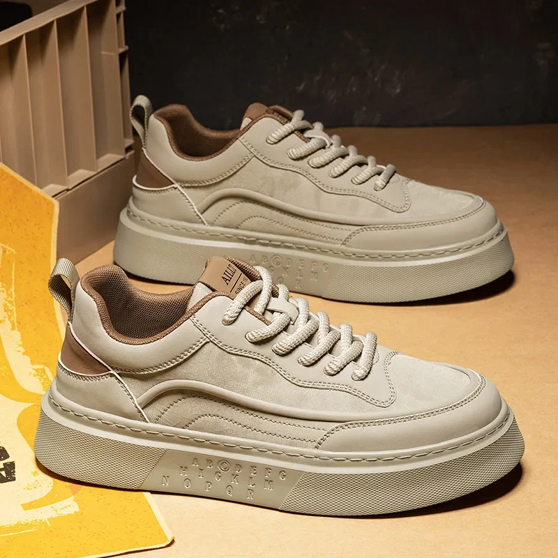 Spring fashion brand sports leather casual board shoes men's soft sole height increasing versatile trend