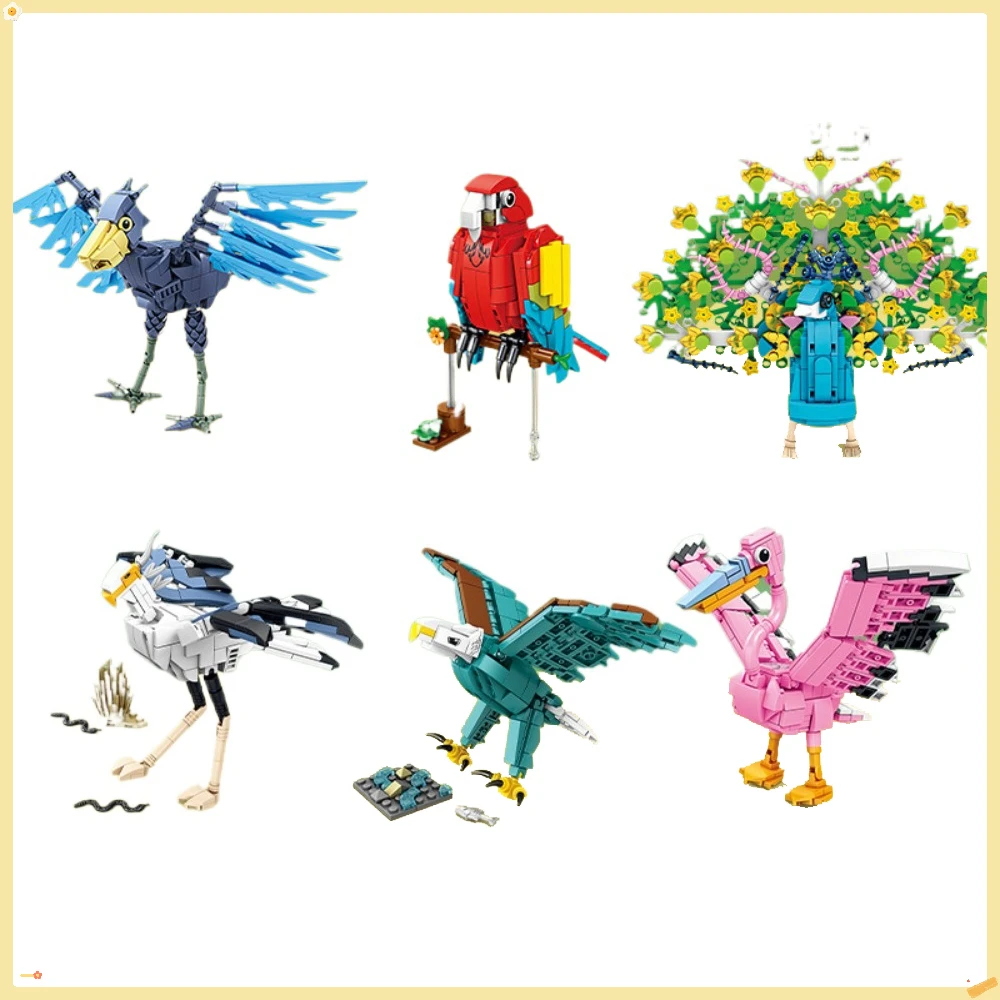 Bright Wings Action Macaw Peacock Pelican Snake Vulture Bald Eagle Bird Assembly Building Block Model Children Creative Toy Gift