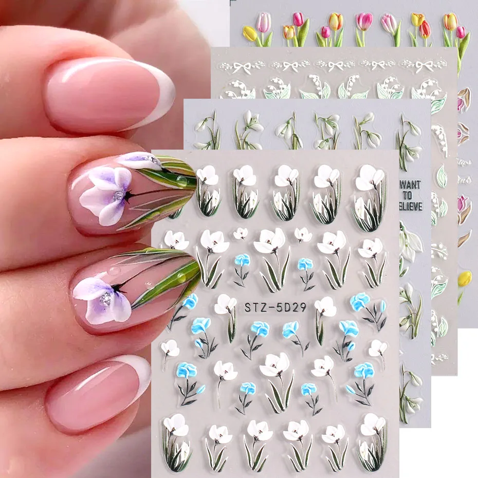 5D Embossed Flower Nail Stickers Lily of the Valley Snowdrops Tulip Adhesive Decals Gorgeous Summer Nail Art Designs Accessories