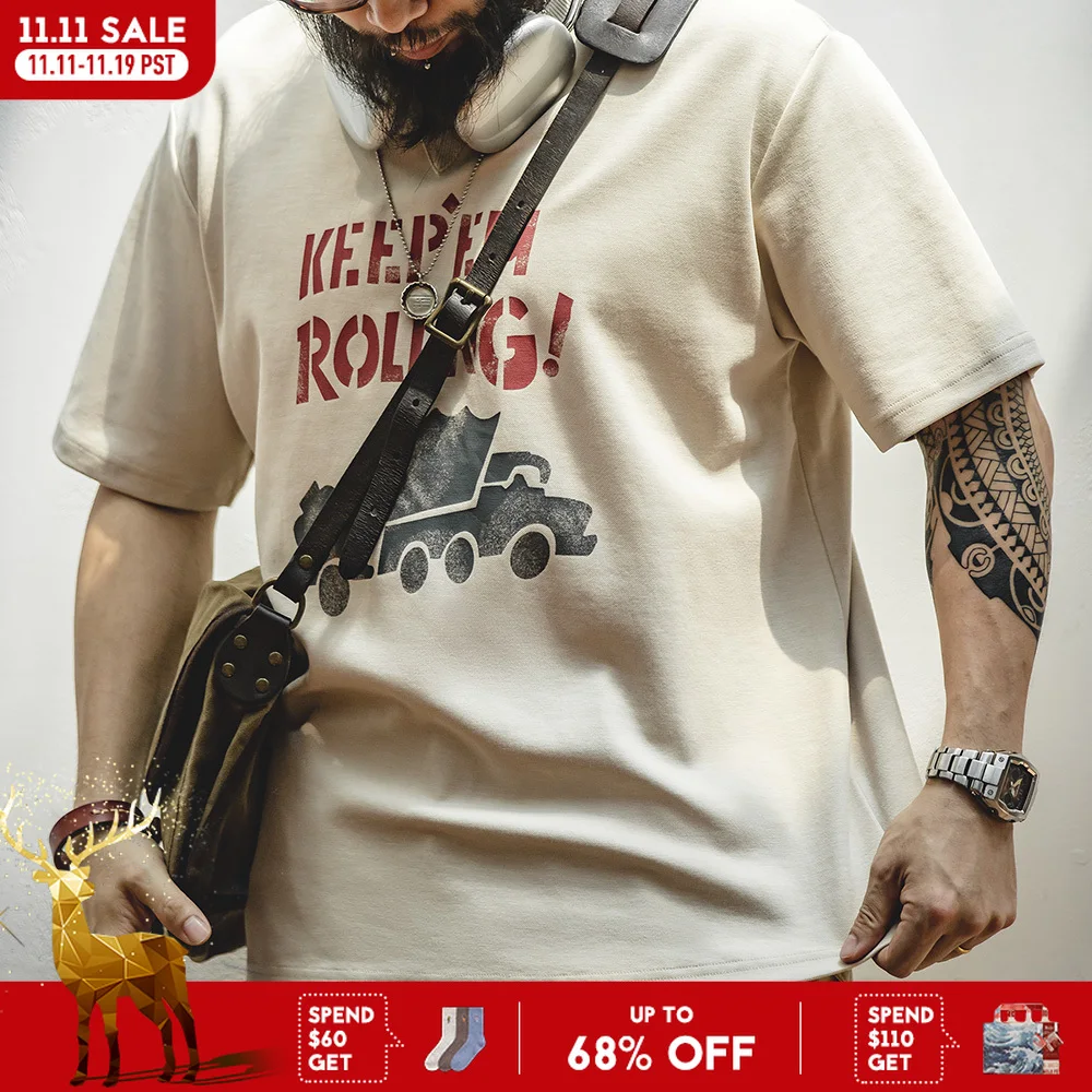 

Maden New American Vintage Cotton Graffiti Letter Printed Short-sleeved T-shirt Blended Round Neck Apricot Tee for Men's Summer