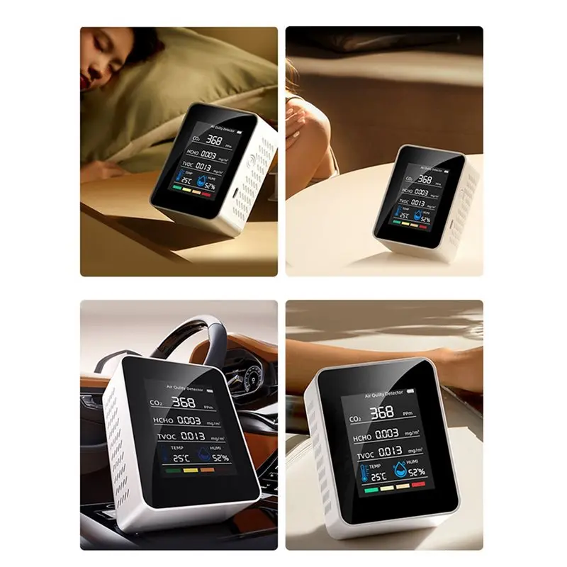 【NECESSITY】10X Air Quality Monitor 5 In 1 Air Quality Detector C02 Detector HCHO TVOC Tester LCD Temperature Humidity Tester Whi