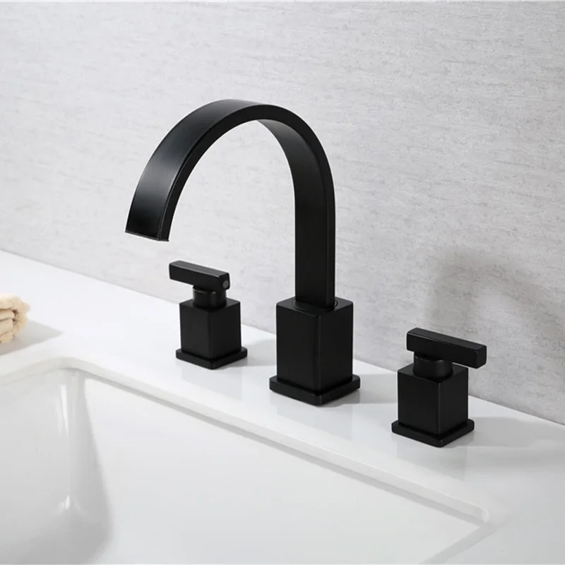 

Double Handle Waterfall Bathroom Sink Faucet Three Hole Hot and Cold Mixer Taps Deck Mounted 8 Inch Widespread Vanity Faucet