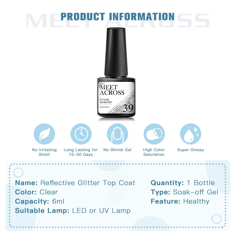 MEET ACROSS-Top Coat Glitter Reflexivo, Efeito Espumante, Mergulhe, UV Semi Permanente, Verniz Manicure, Decoração Nail Art, 6ml