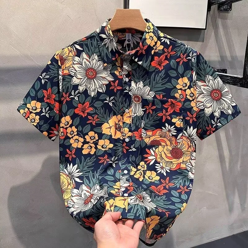 

Summer Large Size Hawaiian Floral Print ort Sve Men's irt Hong Kong Sle Trendy Ins Haome Top Full Print Polyester