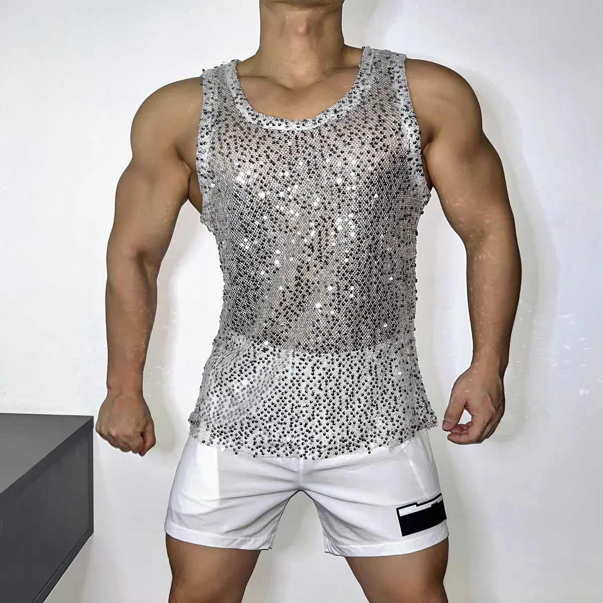 Men's Dazzling Silver Hollowed Out Mesh Sleeveless T-shirt Summer Sexy Muscular tank Tops Bar Singer Dancer Stage Show Dancewear