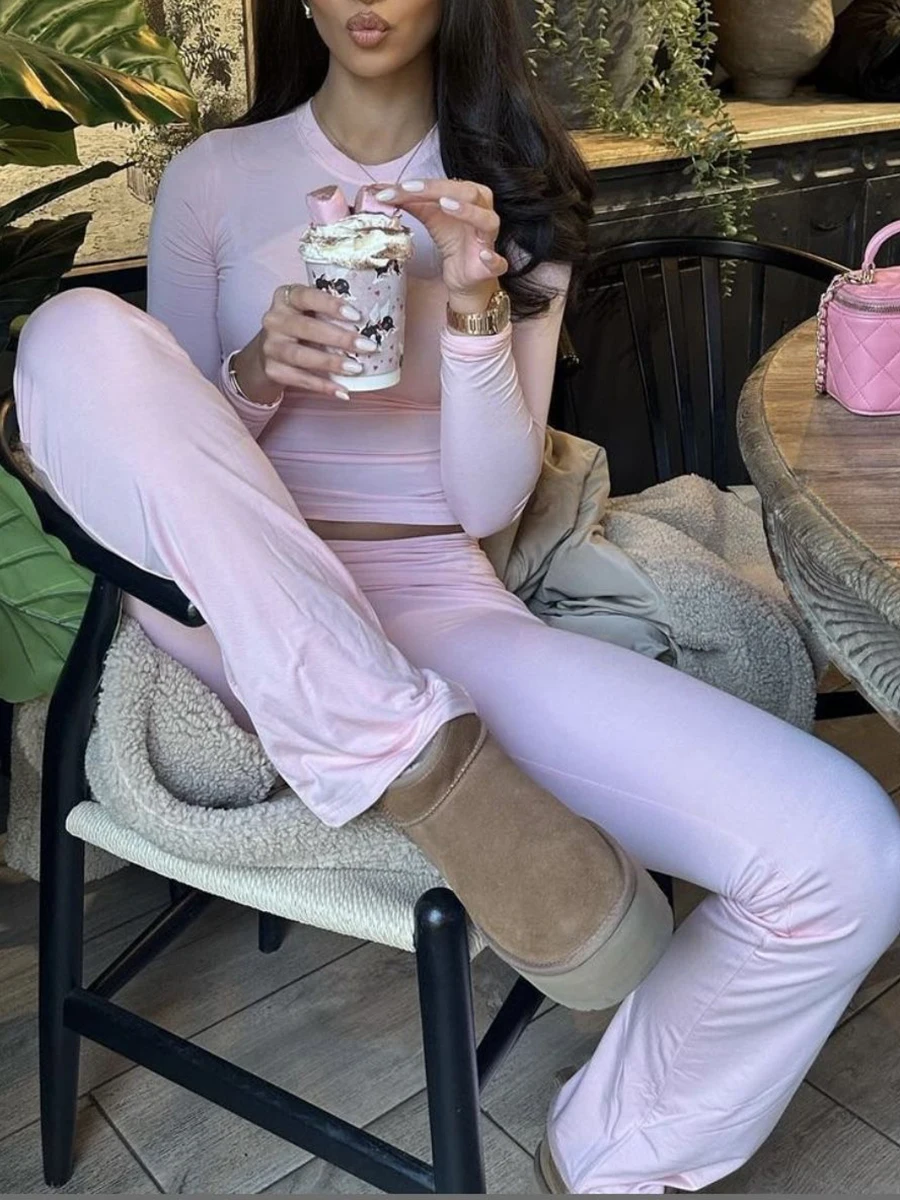 Skinny Cotton T-shirt Pant Set Woman Solid O-neck Long Sleeve Tee+Foldover Flare Yoga Pant Sport 2 Piece Sets Can mix and match