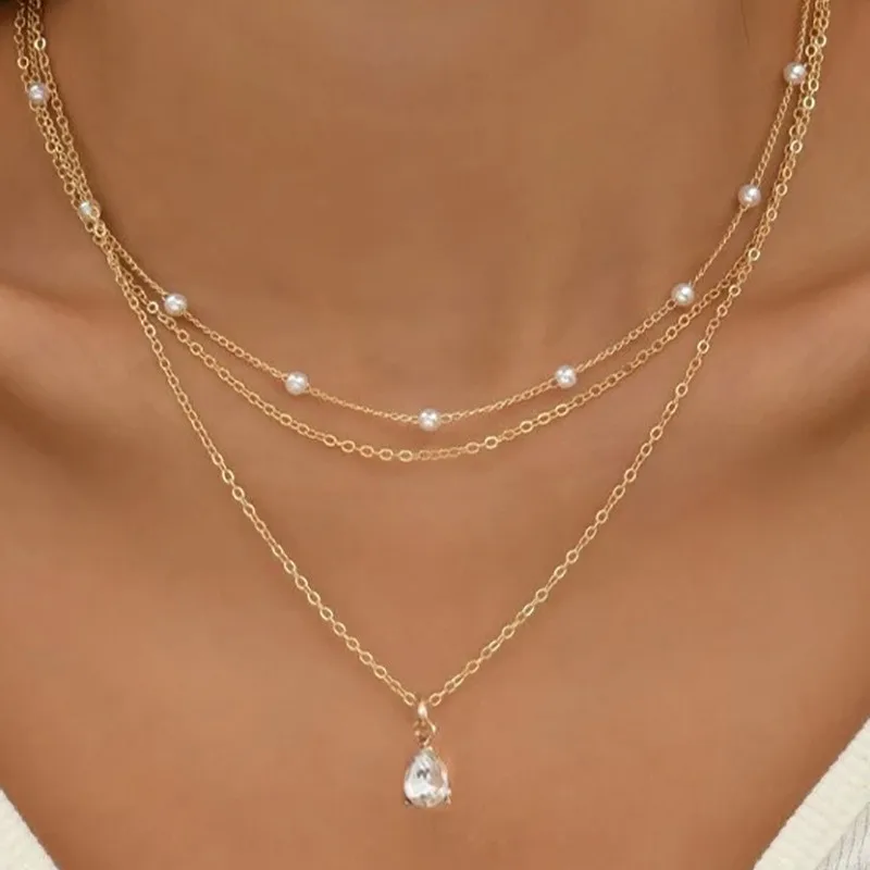 2024 New Female Pearl Necklace Gold Color Crystal Pendant Necklaces Goth Double Layer Chain Choker for Women Fashion Jewelry