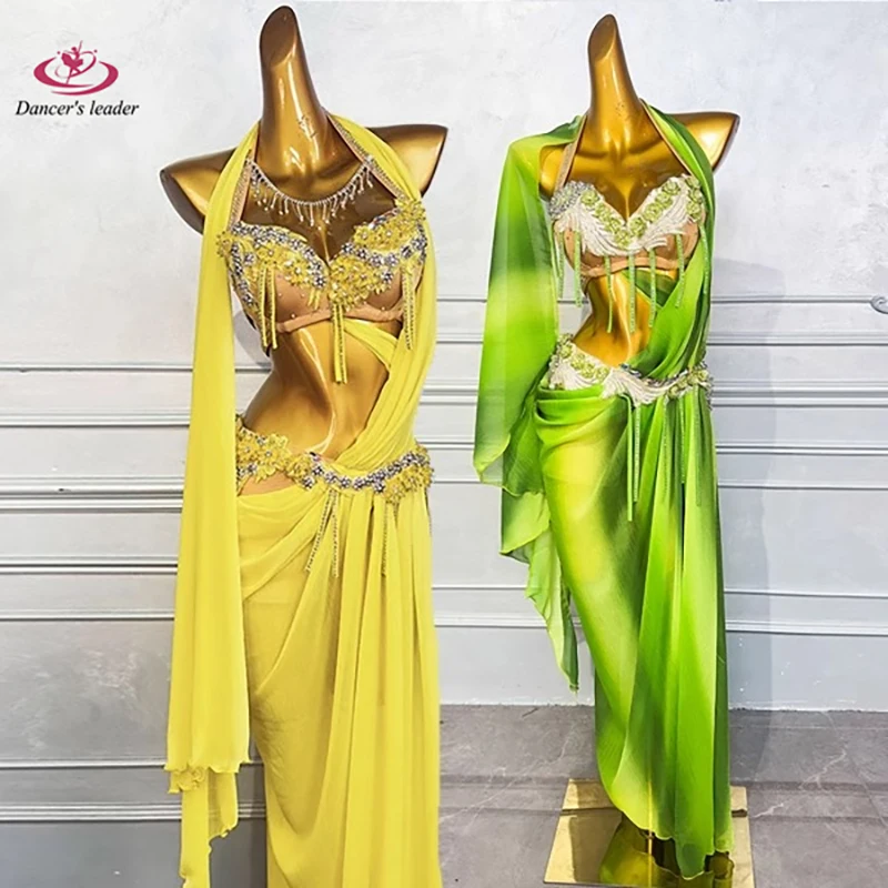 زي الرقص الشرقي حجر الراين الإناث الكبار الراقية معلقة الرقبة الجوف شق تنورة طويلة أداء السامبا فستان فلاش عالية