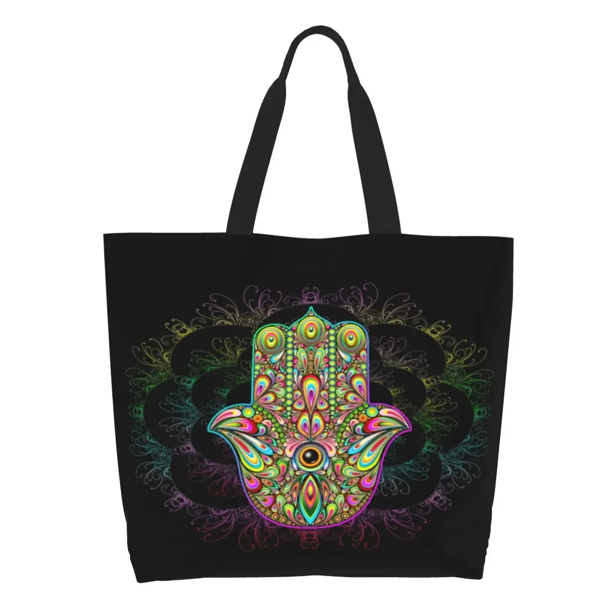 Hamsa Fatma Hand Psychedelic Amulet Canvas Shopping Bag Women Portable Big Capacity Groceries Middle East Shopper Tote Bags