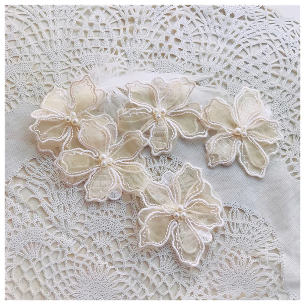Flower Lace Applique 10pcs Ivory Beige Beaded Organza Embroidery Floral Patches for Dress Sweater Clothes 6cm 2.36