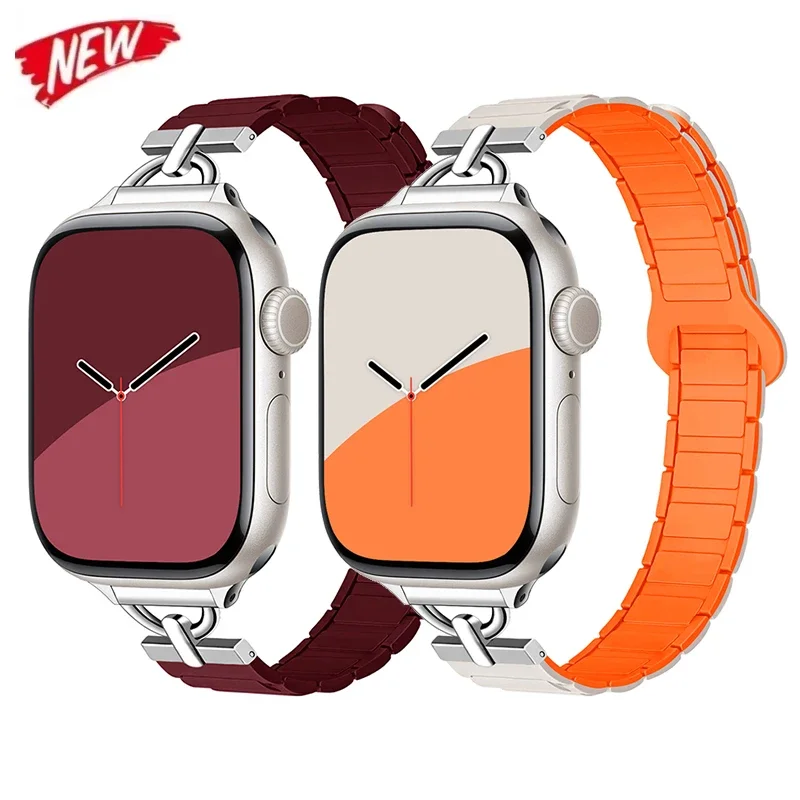 

Поп женский тонкий силиконовый ремешок с магнитным ремешком для Apple Watch S10 42/46 мм 41 мм 45 тонкие ремешки 44 мм 40 мм 38 браслет IWatch SE 9 8