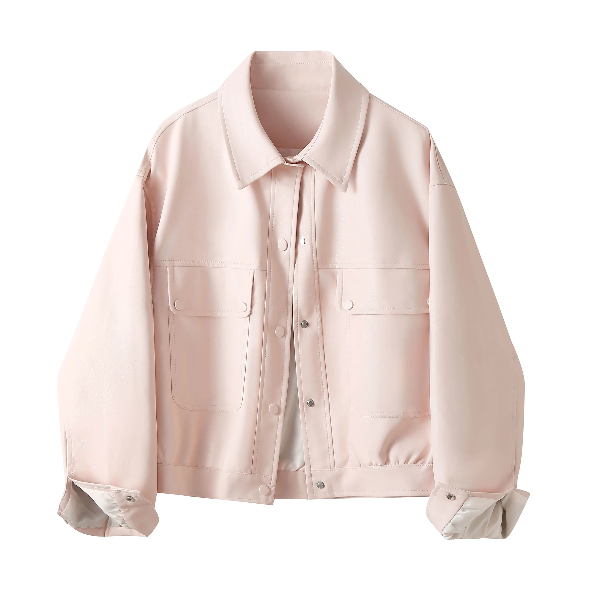 Pink PU Leather Jaet Women's ort Sle Casual Biker Clothes Loose Slimming Versatile Spring Autumn Season Faion Outerwear