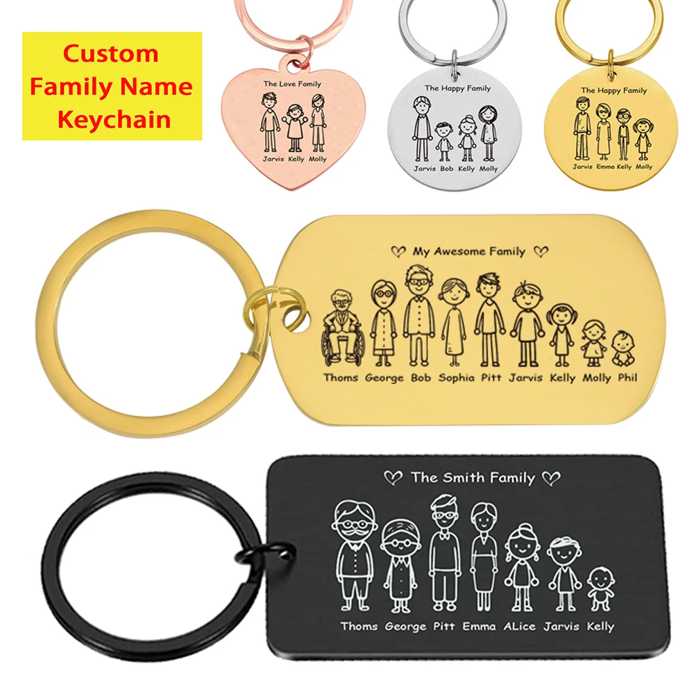 Personalized Family Keychain Engraving Dad Mother Kids Name Custom Parents Families Member Keyring Key Chain Ring Holder Gifts