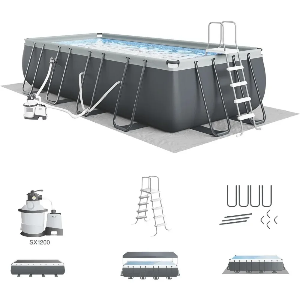 

18' x 9' x 52"Swimming Pool, Rectangular Frame Above Ground Outdoor Pools Set with 1200 GPH Sand Filter Pump, Swimming Pool