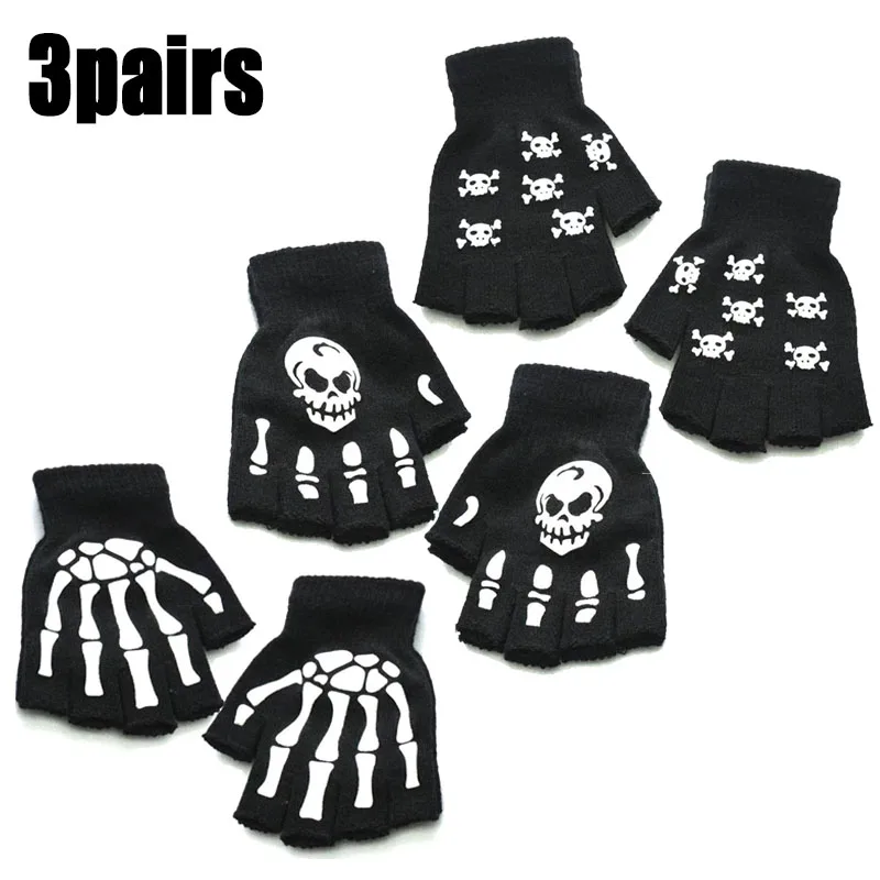 1–3 Paar Punk-Handschuhe, Unisex, Halloween, Skelett, Totenkopf, Halbfinger-Handschuhe, leuchtet im Dunkeln, fingerlos, Stretch, gestrickt, Winter-Fäustling