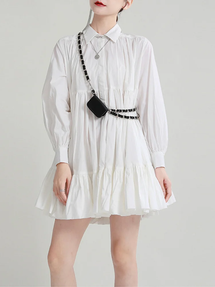 [EAM] Women White Gathered Big Size Shirt Dress New Lapel Long Sleeve Loose Fit Fashion Tide Spring Autumn 2024 1DE365900