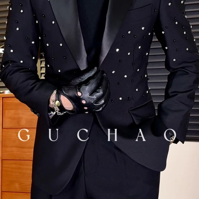 WVGA Spring Autumn New Man Tide Beaded Satin Texture Business Blazer Niche Chic Casual Straight Suit Pants Two Pieces Set W21995