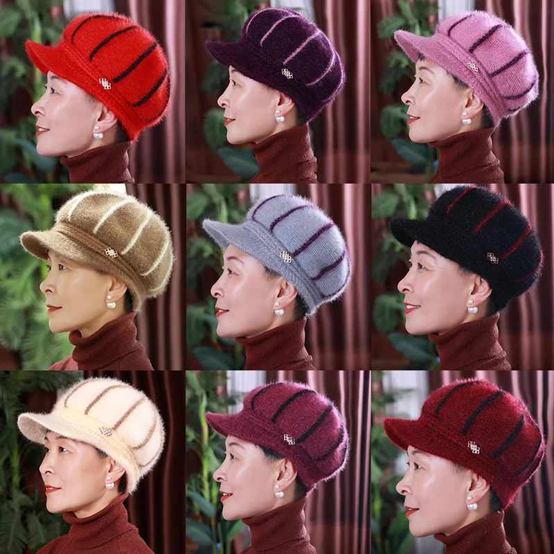 Outono inverno chapéu de lã feminino avó mãe chapéu engrossado quente senhora malha algodão chapéu gorros para presente de natal feminino