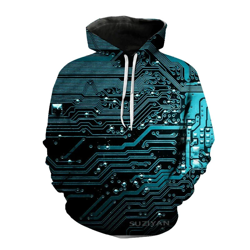 Sudadera con capucha con estampado 3D de Chip electrónico para hombre, ropa de calle de tendencia creativa, sudadera informal de gran tamaño para exteriores