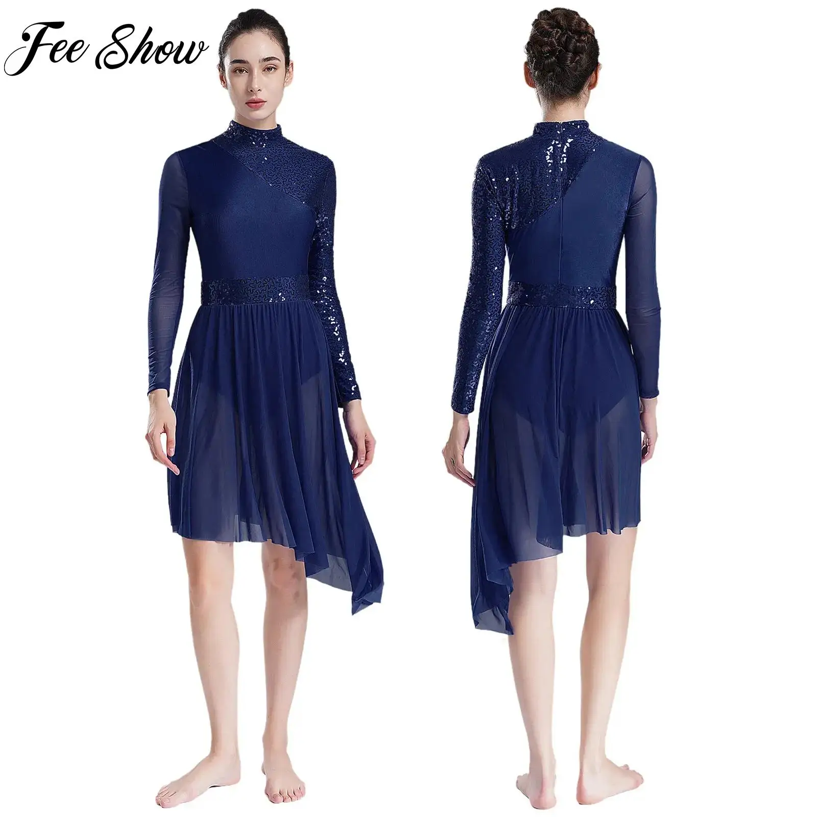 

Women Long Sleeve Contemporary Lyrical Dance Dress for Prom Party Performance Fancy Costume Shiny Sequins Irregular Hem Dresses