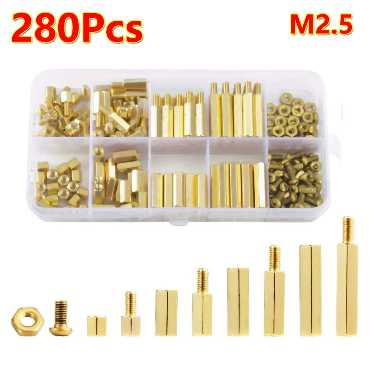 

280Pcs M2.5 Male Female Hex Brass Spacer Bolts Standoff Screw Nut Assortment Kit Hex Head Screws Nut Assortment Box kit with box