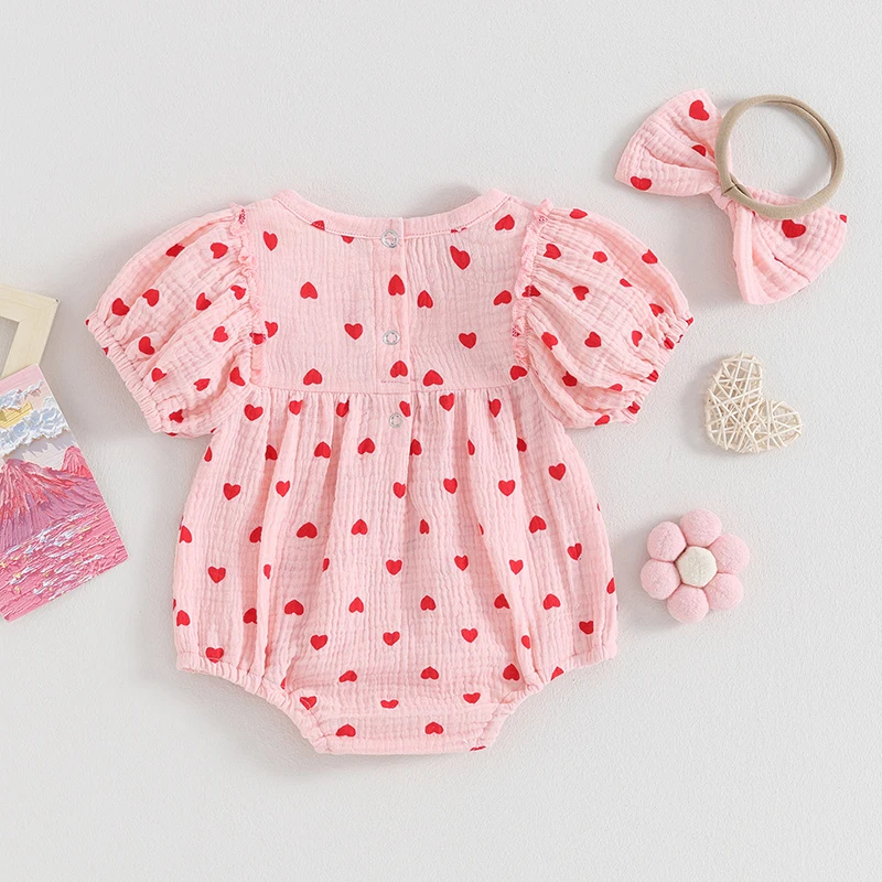 Infant Baby Girl Valentine s Day Romper Jumpsuit Headband Toddler Short Puff Sleeve Heart Print Romper Summer Outfit