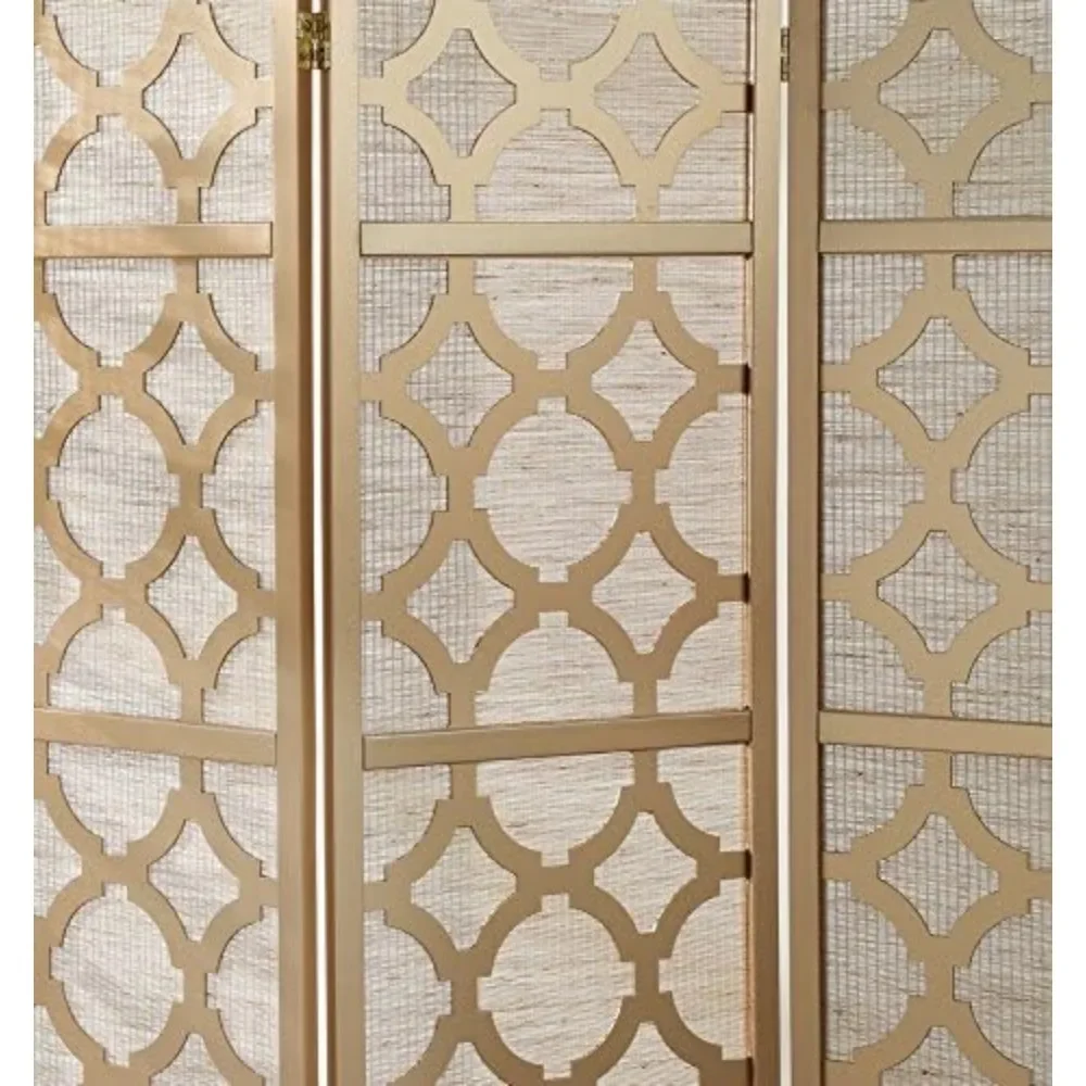 Curtain,  Quarterfoil Infused Diamond Design 4-Panel Room Divider, Gold, Curtain